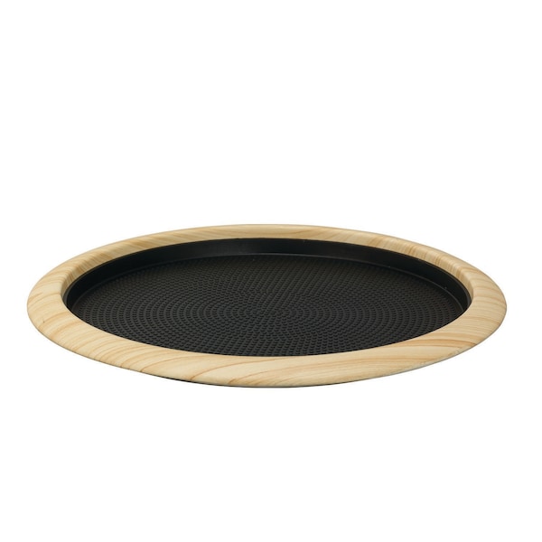 Tray with Removable Insert, 12" Round, Stainless Steel, Light Wood